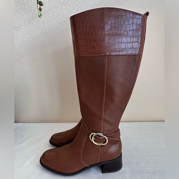 Marc Fisher Hailin Cognac Leather Croc Print Buckle Knee High Boots Women’s 8.5M - Picture 4 of 13